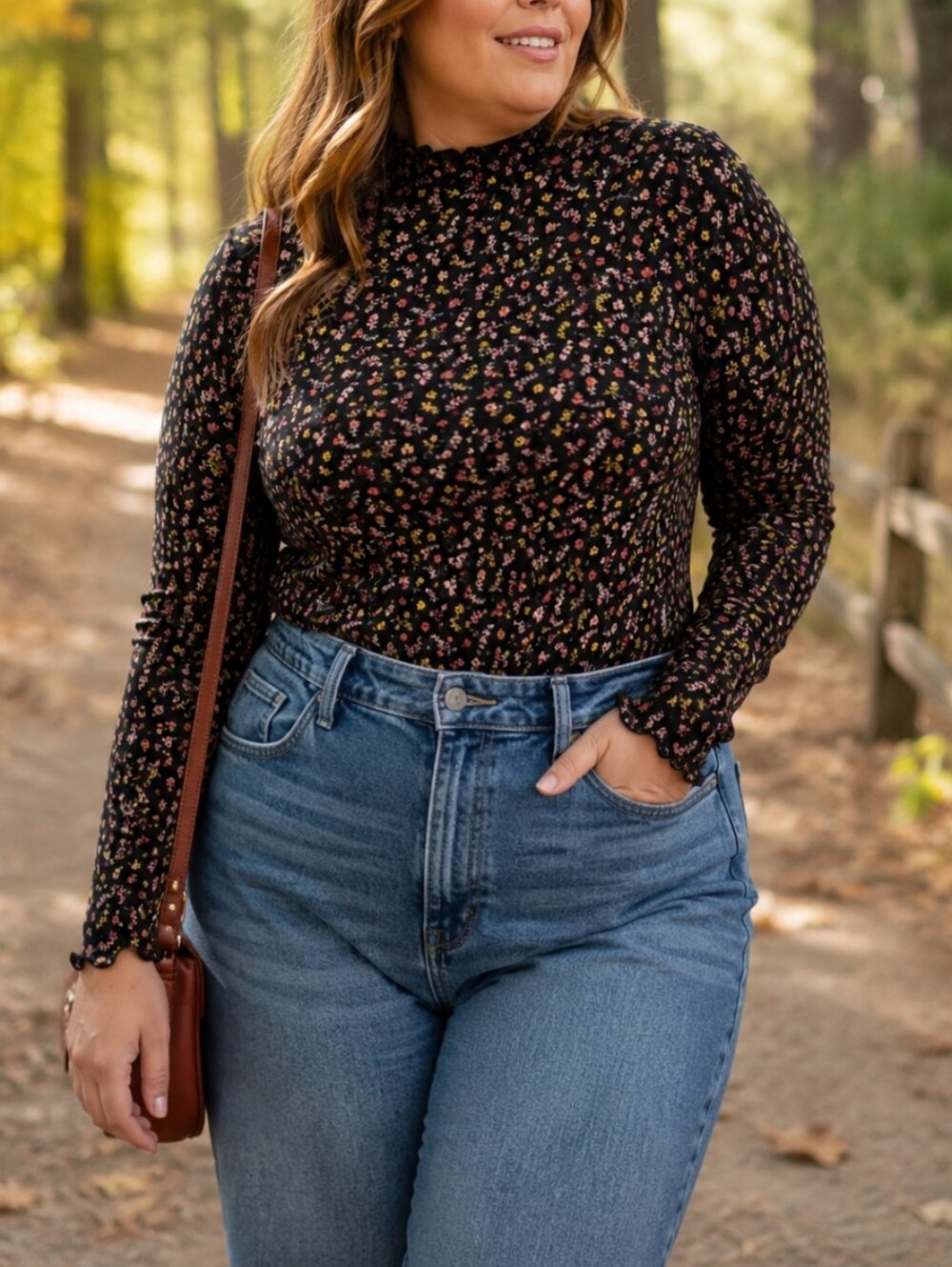 NWT Old Navy Black Ditsy Floral Mock Neck Long Sleeve Lettuce Hem Top Romantic